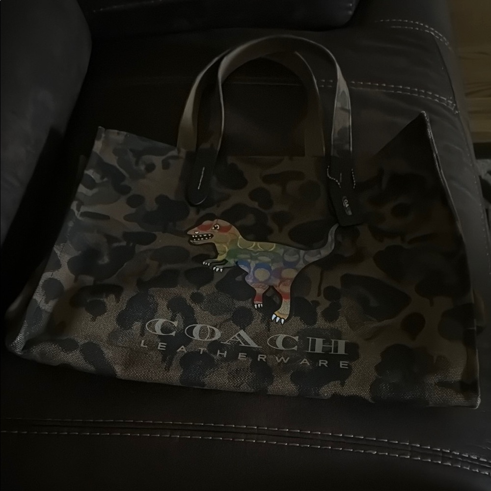 Coach Brown Leopard Tote with Colorful Dinosaur